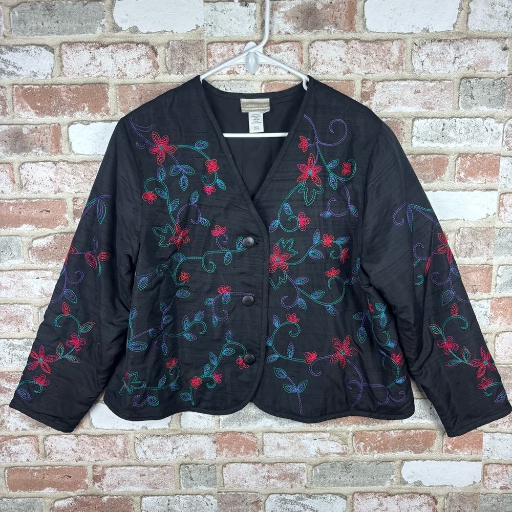 Retro Vintage 1990s Coldwater Creek Beaded Floral Jacket overcoat cape Petite XL